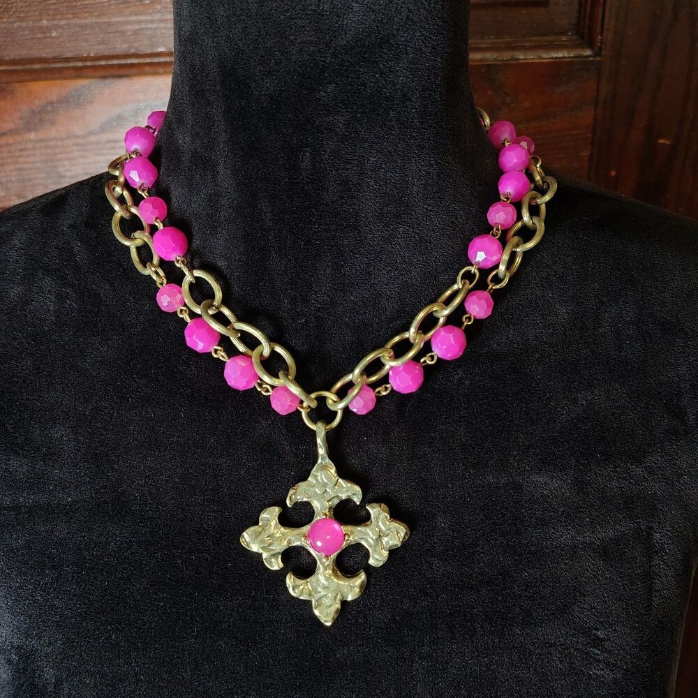 Y2K Pink & Gold Tone Necklace Huge Pendant Statement Piece Necklace NWTS/J124